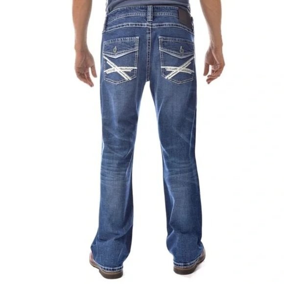 TK Axle 36x30 Actual 39x30 Slim Boot Jeans Blue Denim Pants Faded EATON Embroide - Picture 1 of 6